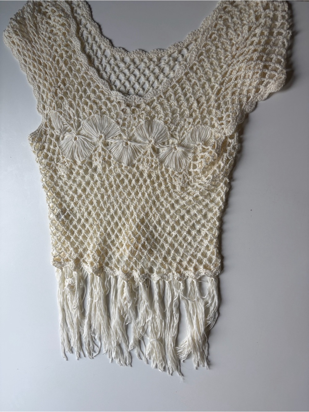 Kirra Cream Crochet Fringe Tank/Swim Cover M/L